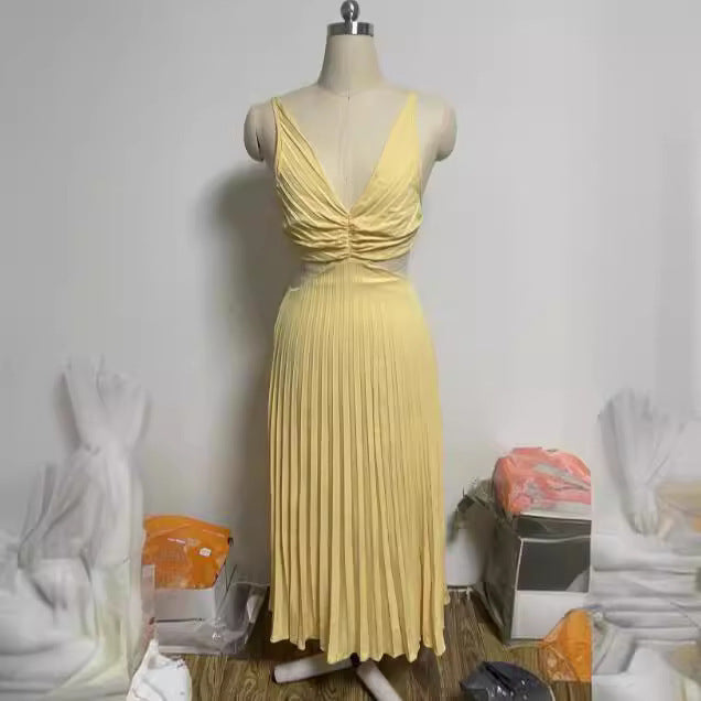 Ins Suspender Pleated Long Dress With Hollow-waisted Design Fashion V-neck Backless Dresses Summer Women's Garments Apparel / Clothing