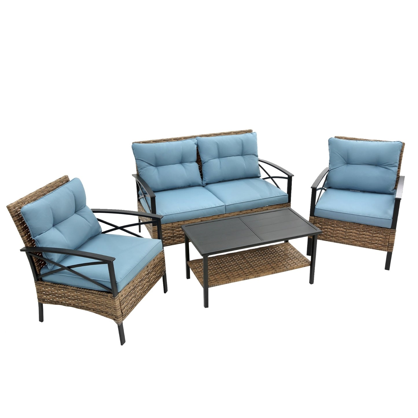 4-Piece Patio Sectional Low Sofa Set - KD Rattan Wicker Outdoor Garden Patio Furniture