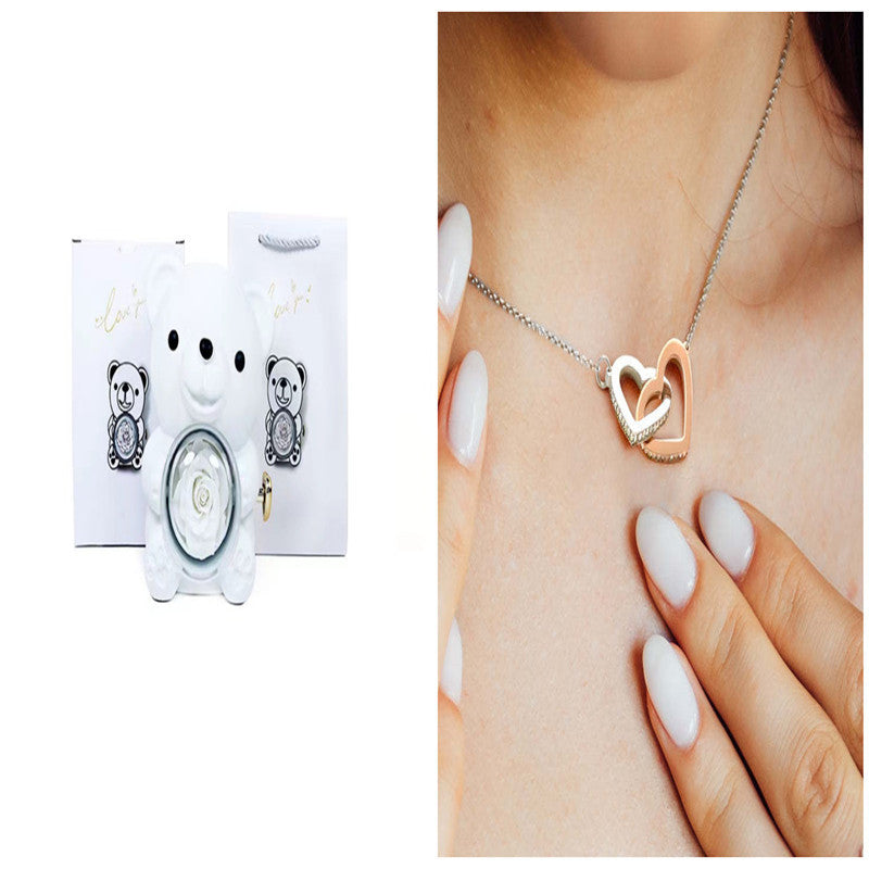 Eternal Rose Teddy Bear Gift Box with Necklace – Rotating Rose Jewelry Box & Storage Case for Women & Girlfriend, Perfect for Valentine's Day, Wedding & More