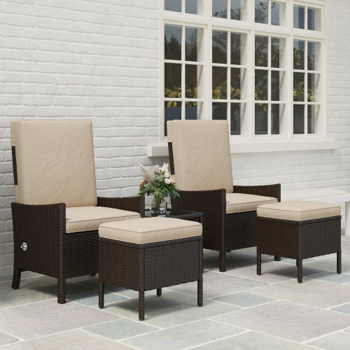Outsunny 5 Piece Rattan Garden Furniture Set, Wicker Patio Sofa Set With 2 Armchairs, 2 Footstools, Glass Top Coffee Table With Shelf, Outdoor Furniture With Adjustable Backrests, Cushions, Khaki Outdoor Garden Patio Furniture