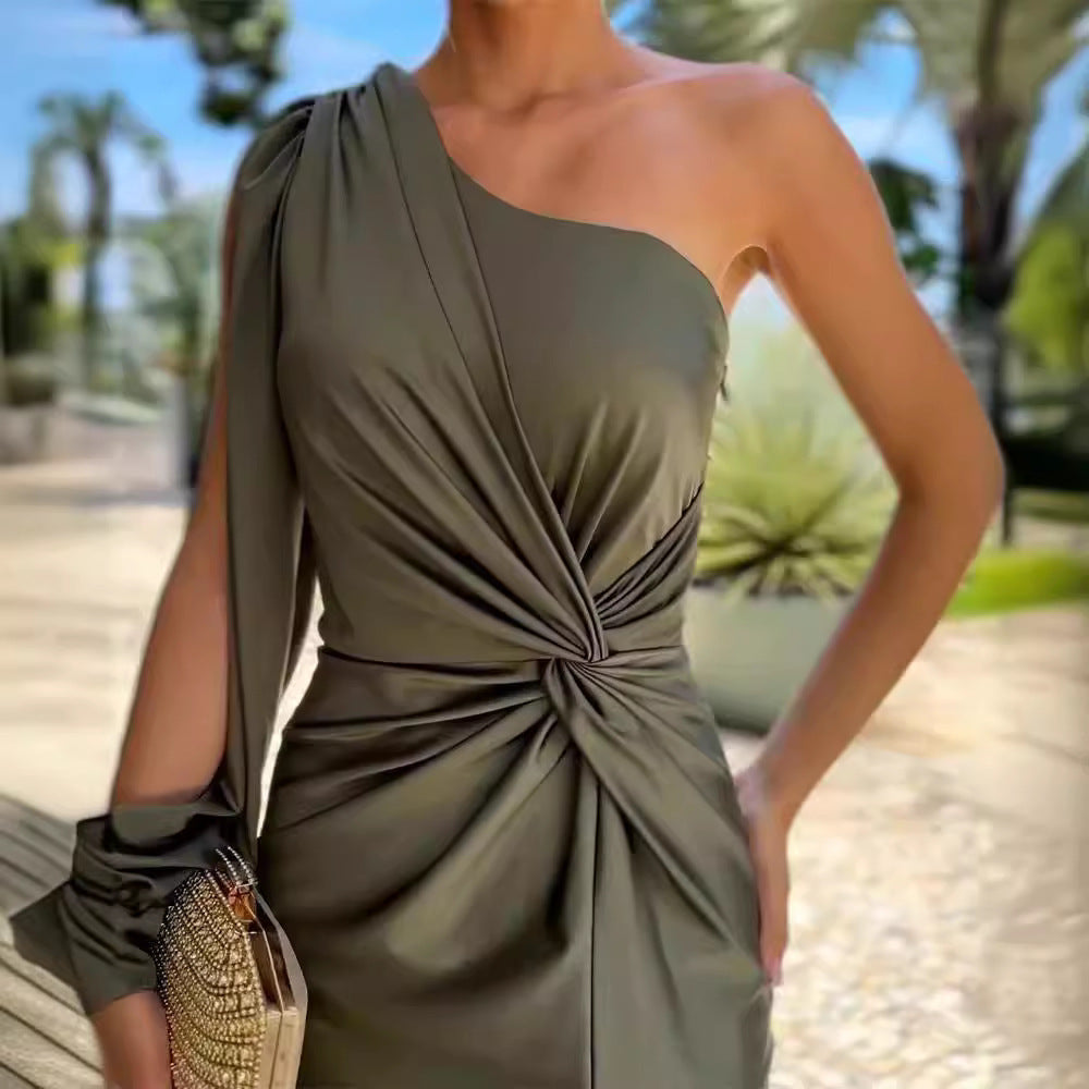 Women's Diagonal Shoulder Knot Split Solid Color Slim Fit Dress Women's Garments Apparel / Clothing