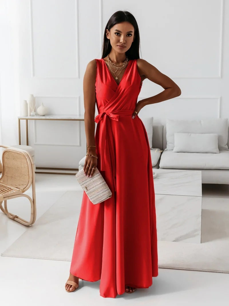 V-neck Sleeveless Dress With Belt Summer Fashion Party Club Evening Maxi Dresses For Women's Garments Apparel / Clothing