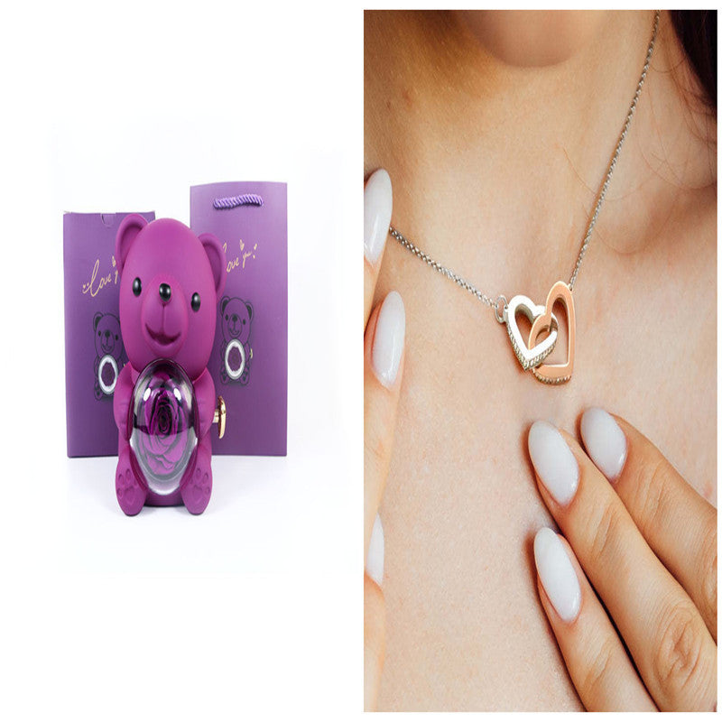 Eternal Rose Teddy Bear Gift Box with Necklace – Rotating Rose Jewelry Box & Storage Case for Women & Girlfriend, Perfect for Valentine's Day, Wedding & More