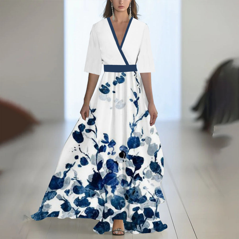 Printed Long Sleeved V-neck Patchwork Dress Women's Garments Apparel / Clothing