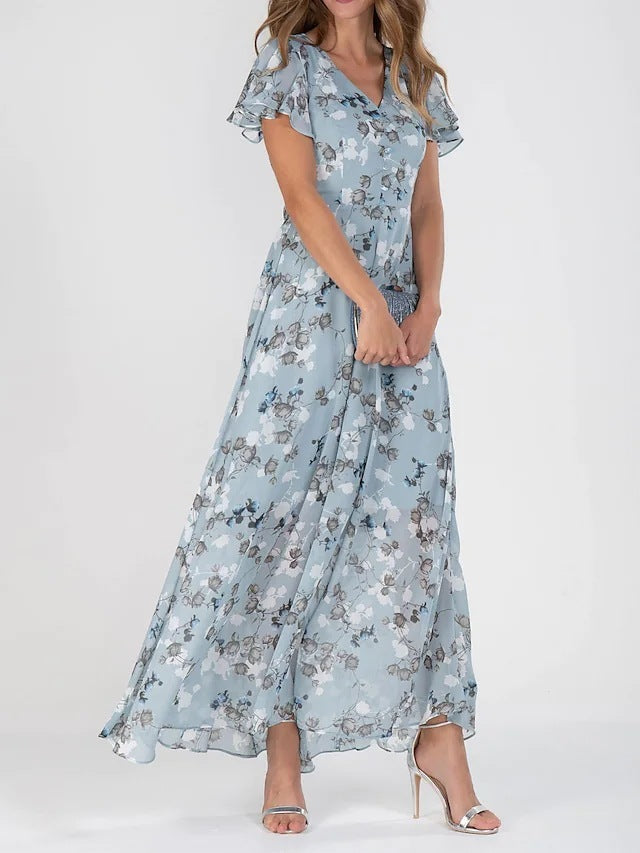 Flowers Print Short Sleeve Dress Summer Fashion Ruffle Beach Dresses Women's Garments Apparel / Clothing