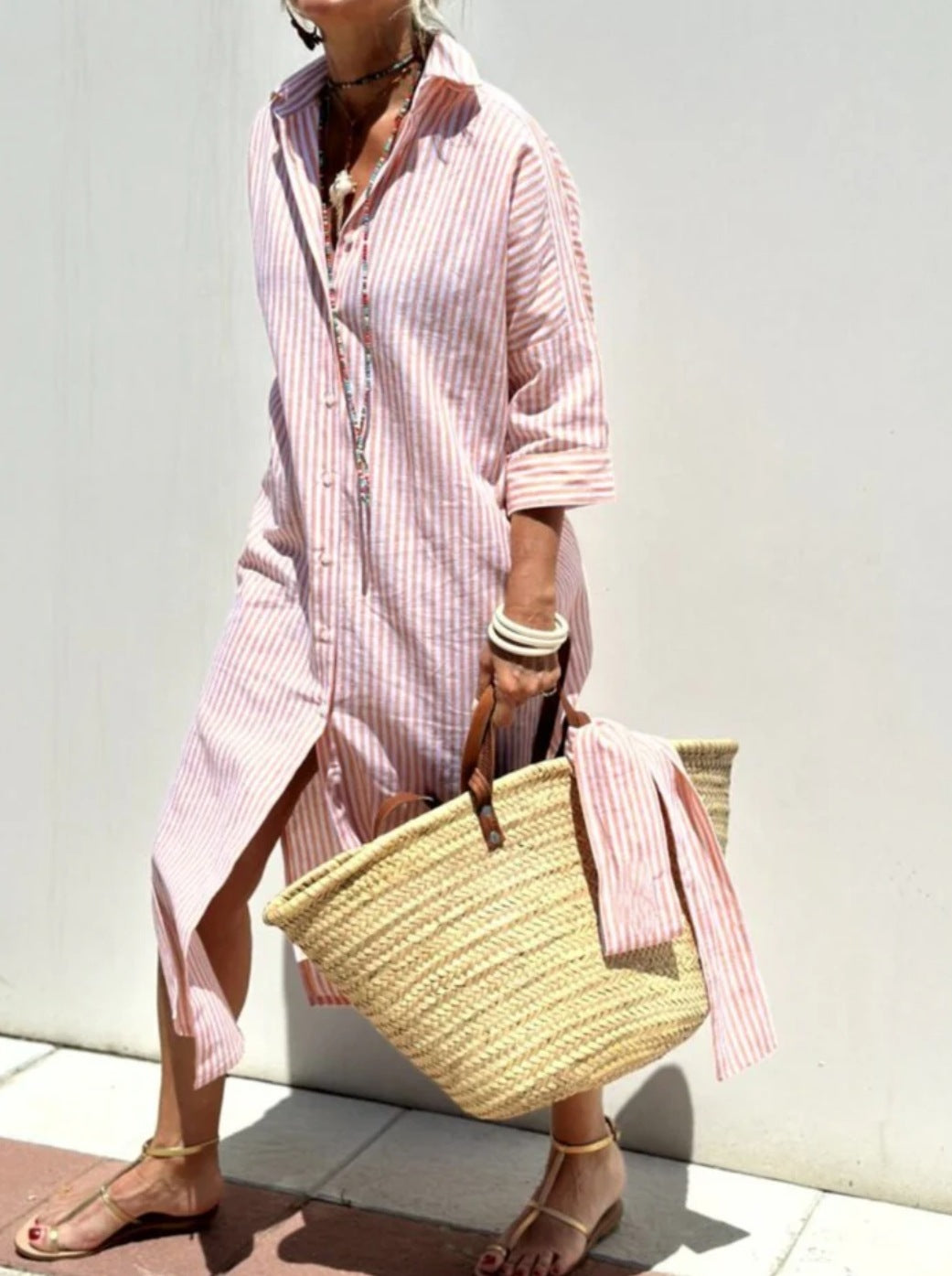 Striped Shirt Dress With Belt Fashion Half-sleeved Lapel Button Cardigan Dresses Women's Garments Apparel / Clothing