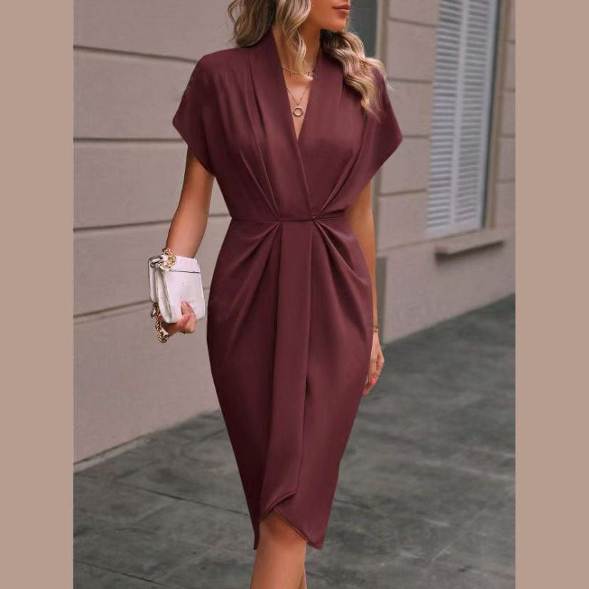 Summer Batwing Sleeve Dress Fashion V-neck Short Sleeve Pleated Dresses Women's Garments Apparel / Clothing