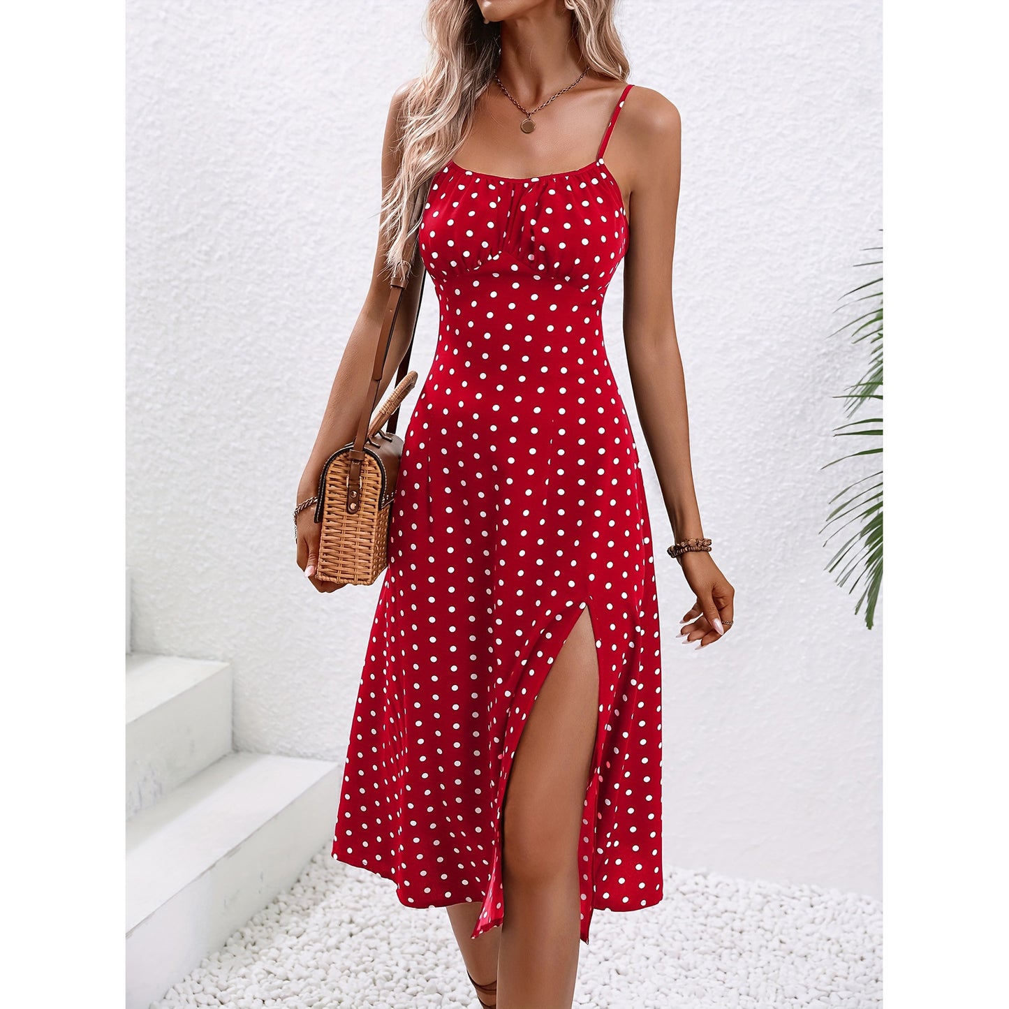 New Polka Dot Print Suspender Dress Summer Sexy Split Long Dresses For Women's Garments Apparel / Clothing