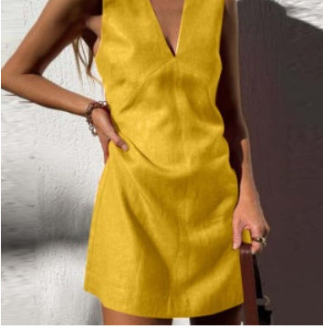 V-neck Cotton And Linen Sleeveless Dress Women's Solid Color Vest Short Skirt Women's Garments Apparel / Clothing