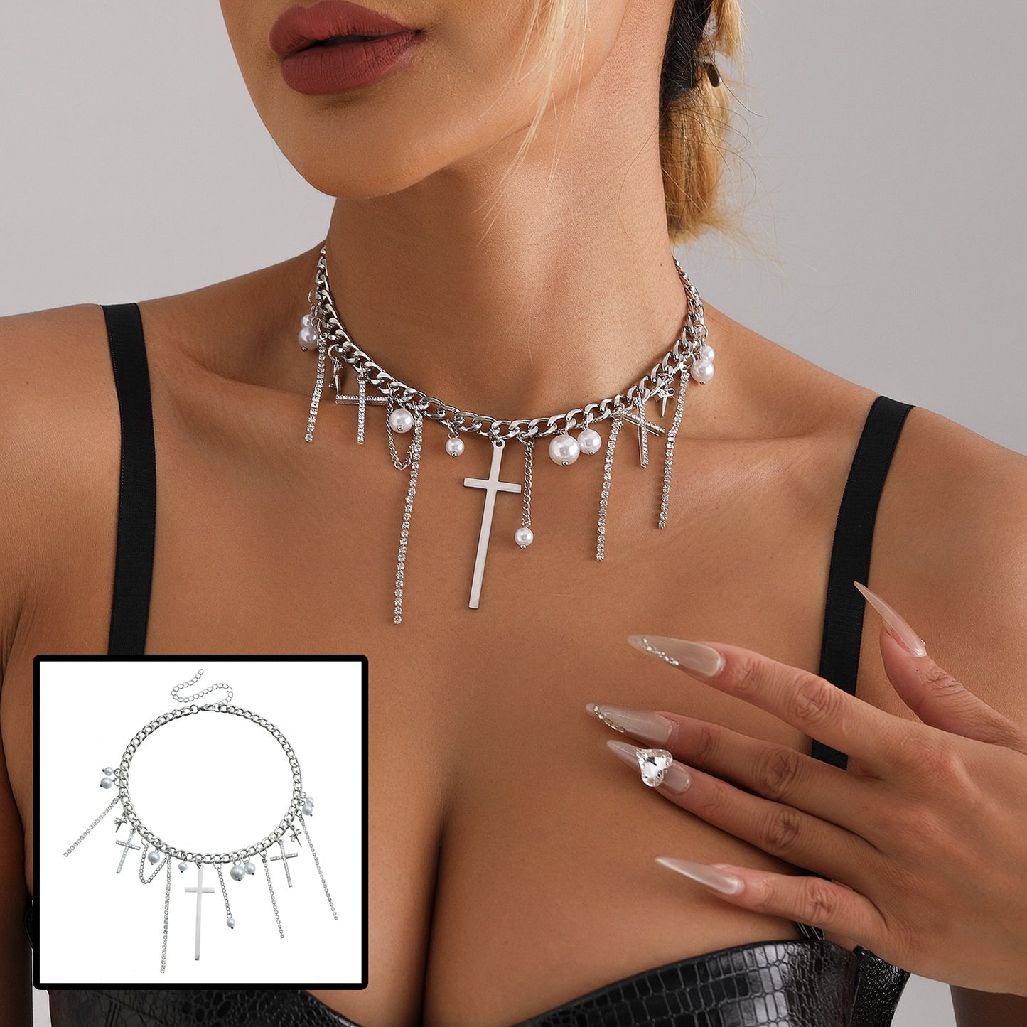 Cross Tassel Pearl Collarbone Chain Jewelry Cool Spicy Girl Necklace Fashion Jewelry/Accessories