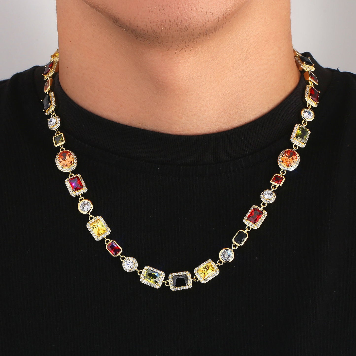 USA Stock Gorgeous Mixed Gemstone Tennis Chain 5A CZ Gem 18K Gold Plated Vintage Multi Colored Jewelry Necklace For Women Men
