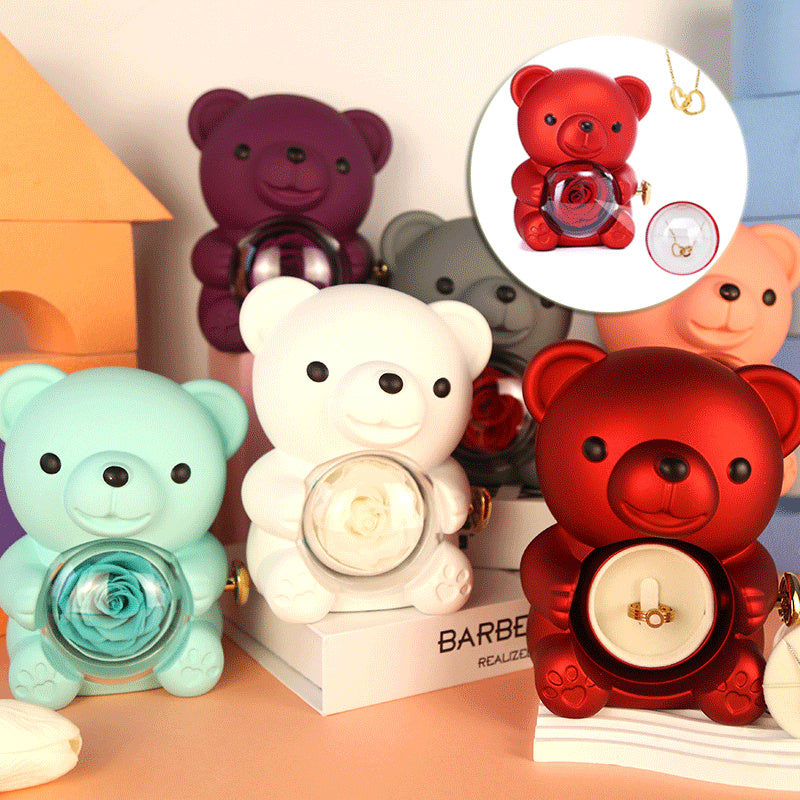 Eternal Rose Teddy Bear Gift Box with Necklace – Rotating Rose Jewelry Box & Storage Case for Women & Girlfriend, Perfect for Valentine's Day, Wedding & More
