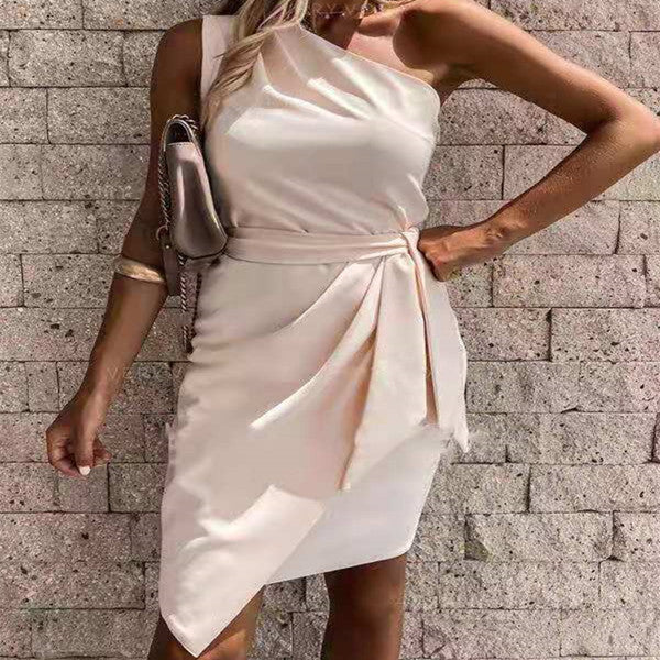 Spring And Summer Models Solid Color Sleeveless Slanted Shoulder Irregular Tie Party Dress Women's Garments Apparel / Clothing