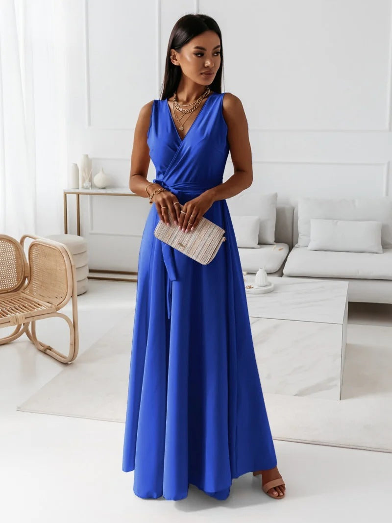 V-neck Sleeveless Dress With Belt Summer Fashion Party Club Evening Maxi Dresses For Women's Garments Apparel / Clothing