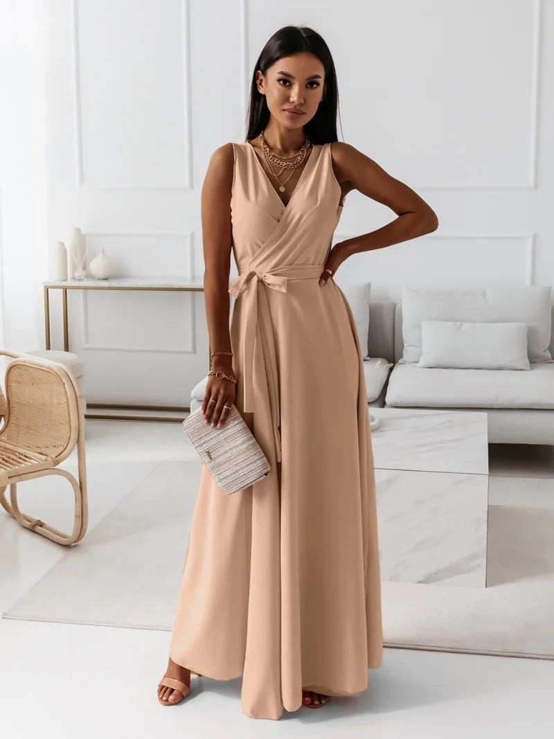 V-neck Sleeveless Dress With Belt Summer Fashion Party Club Evening Maxi Dresses For Women's Garments Apparel / Clothing