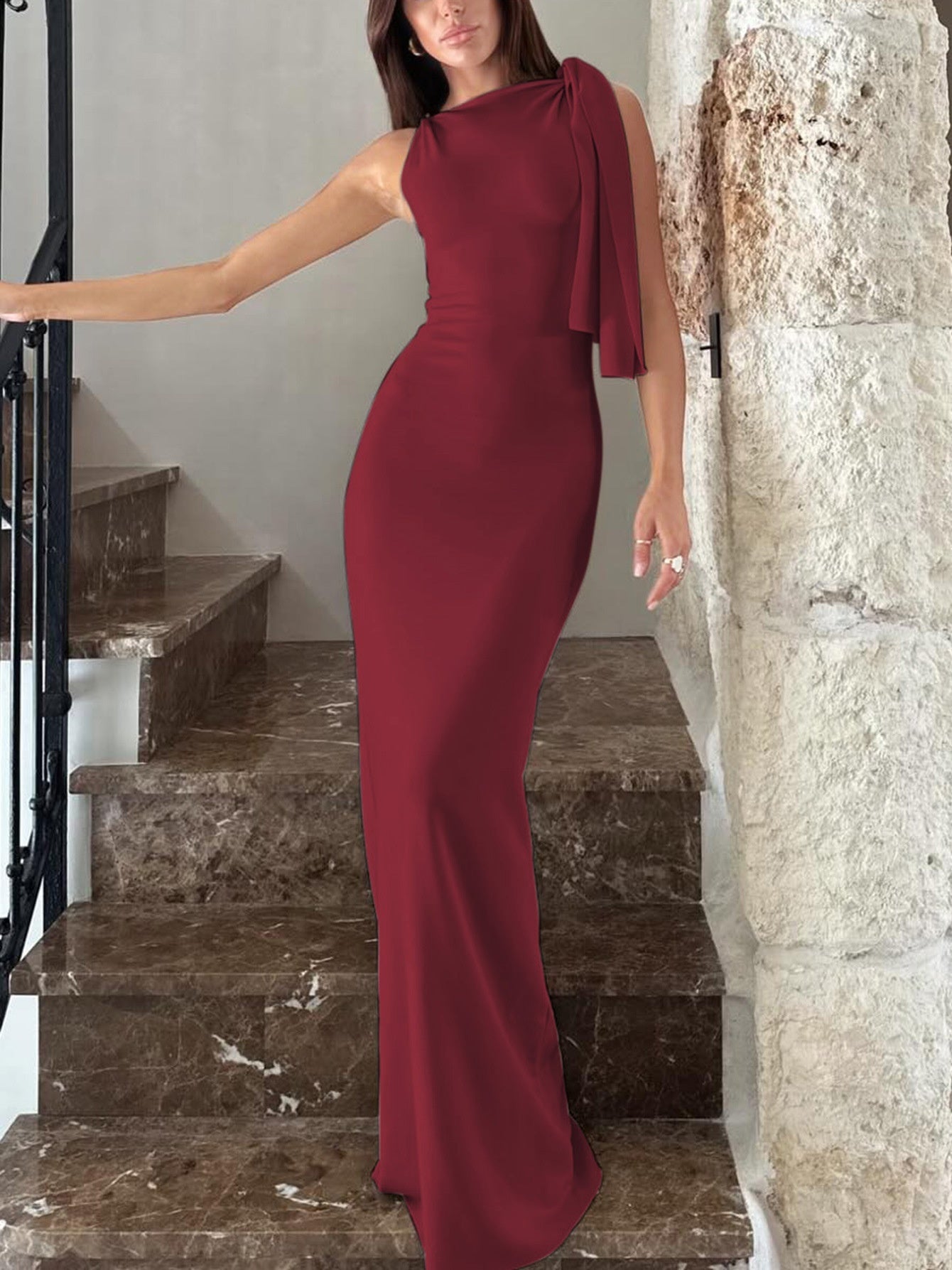 One-shoulder Ribbon Long Dress Ins Fashion Slim Sleeveless Dresses For Evening Party Club Women's Garments Apparel / Clothing