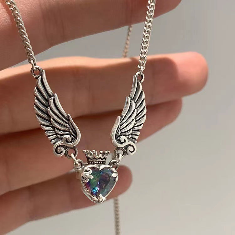 Vintage Gothic Heart Crown Angel Wings Pendant Necklaces For Women Fashion Sophisticated Love Shape Clavicle Chain Choker Jewelry Fashion Jewelry/Accessories
