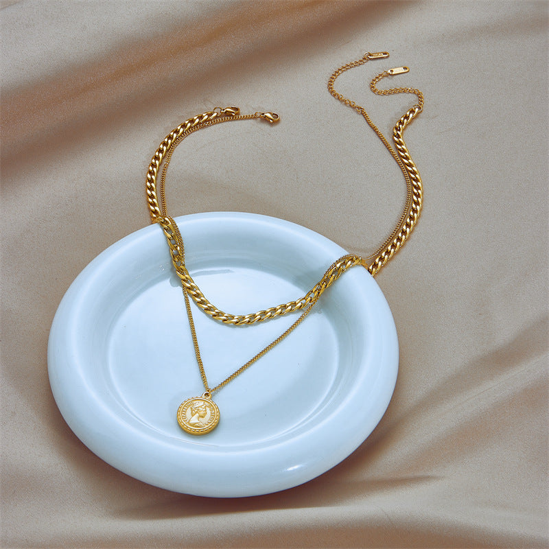 Collier avec pendentif en forme de pièce de monnaie géométrique pour femme, nouveau bijou ras du cou multicouche, cadeau tendance