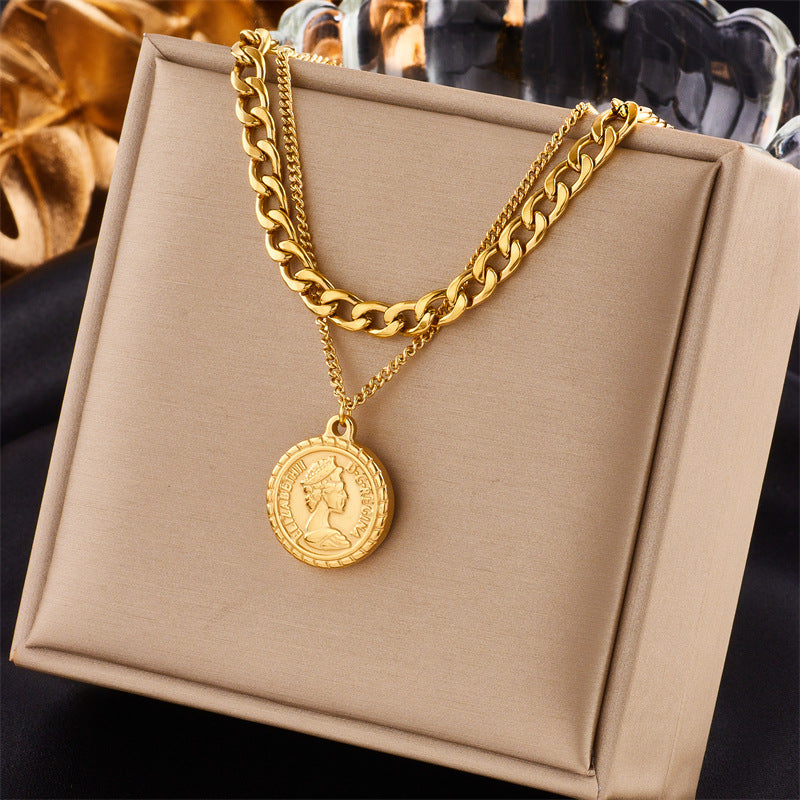Collier avec pendentif en forme de pièce de monnaie géométrique pour femme, nouveau bijou ras du cou multicouche, cadeau tendance