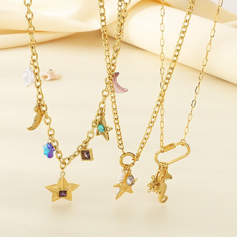 Fashion Personality Star Moon Color Artificial Glass Pearl Stainless Steel Necklace Jewelry/Accessories