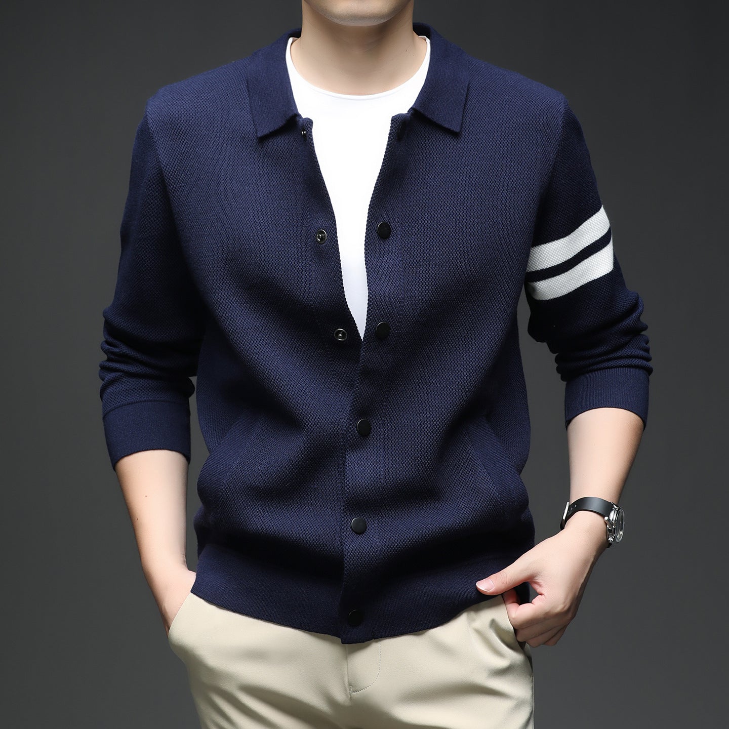 Knitted Cardigan Lapel Korean Slim Men's Jacket Men's Attire Apparel / Clothing