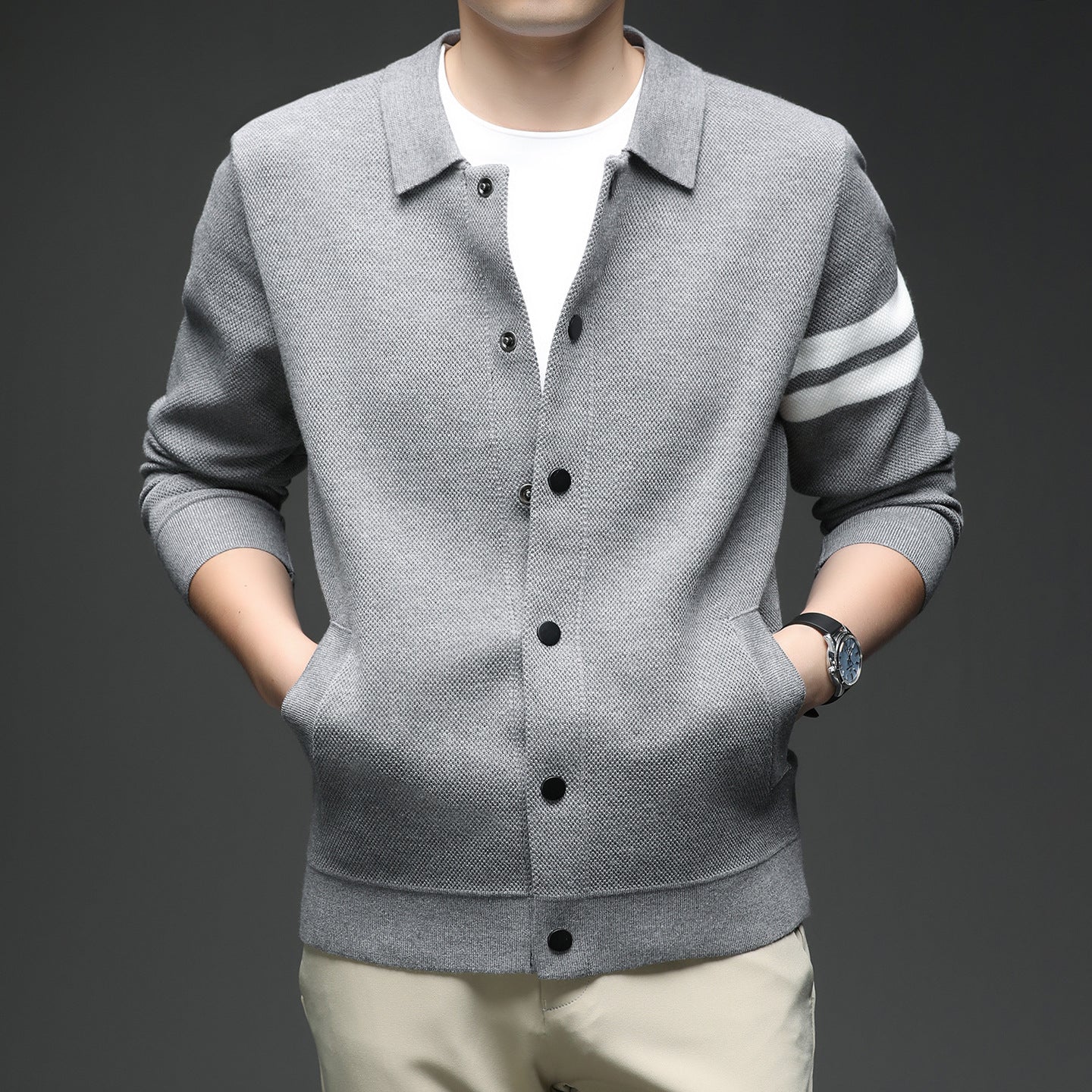 Knitted Cardigan Lapel Korean Slim Men's Jacket Men's Attire Apparel / Clothing