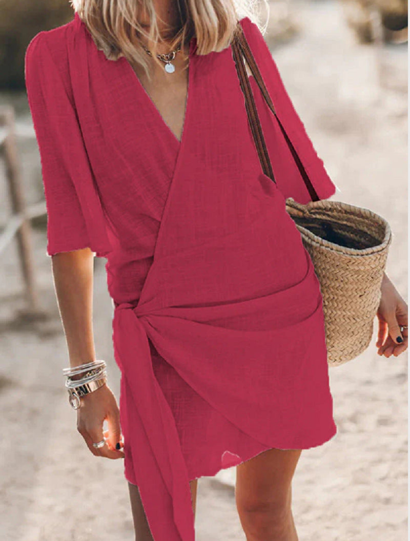 Cotton And Linen Cross V-neck Solid Color Dress Women's Garments Apparel / Clothing