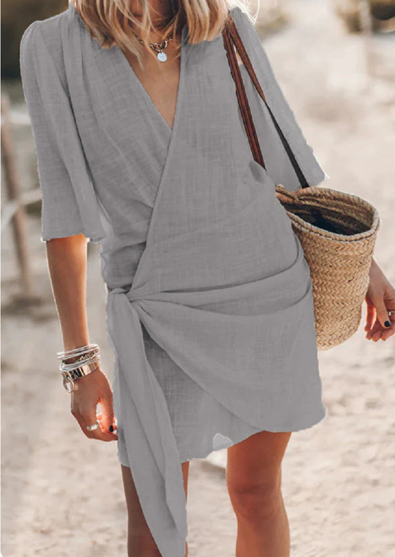 Cotton And Linen Cross V-neck Solid Color Dress Women's Garments Apparel / Clothing
