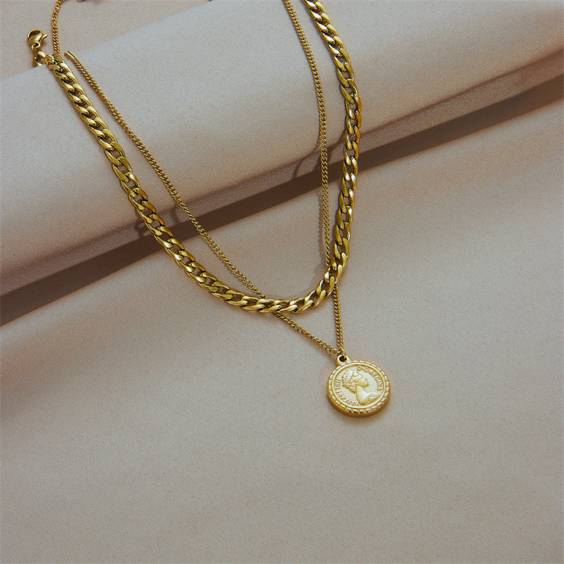 Collier avec pendentif en forme de pièce de monnaie géométrique pour femme, nouveau bijou ras du cou multicouche, cadeau tendance