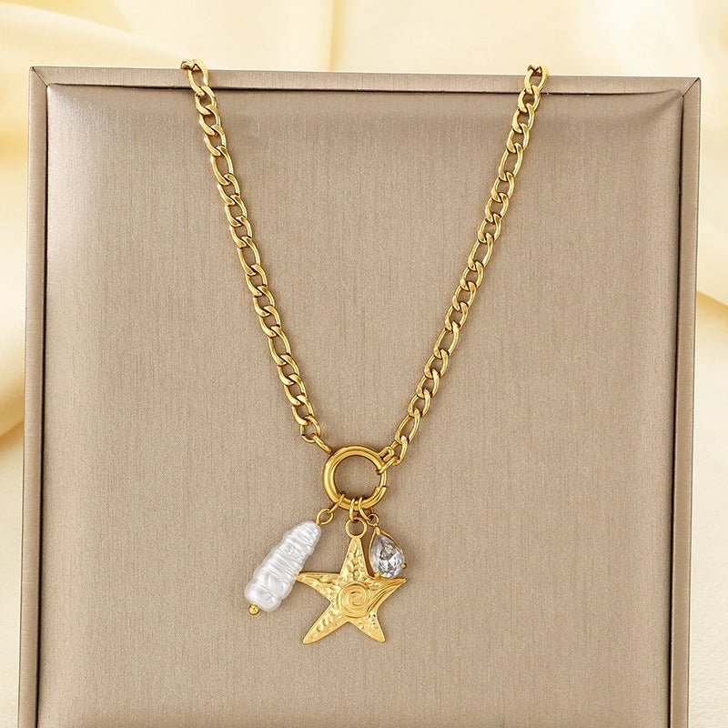 Fashion Personality Star Moon Color Artificial Glass Pearl Stainless Steel Necklace Jewelry/Accessories