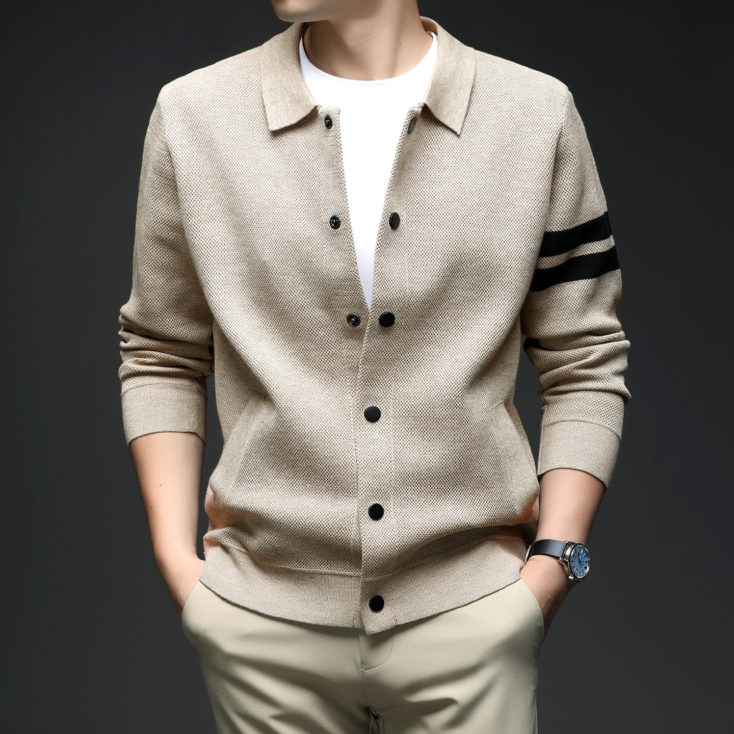 Knitted Cardigan Lapel Korean Slim Men's Jacket Men's Attire Apparel / Clothing