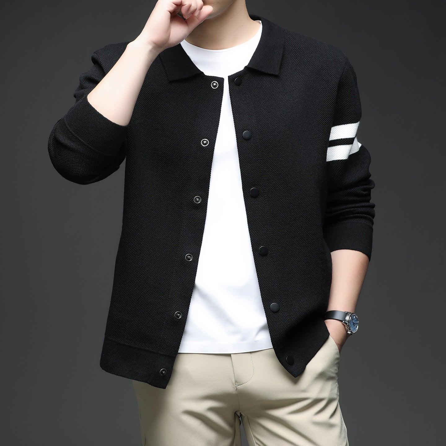 Knitted Cardigan Lapel Korean Slim Men's Jacket Men's Attire Apparel / Clothing