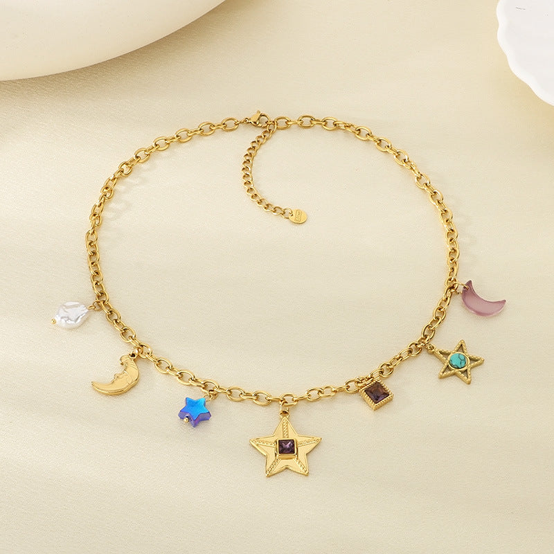 Fashion Personality Star Moon Color Artificial Glass Pearl Stainless Steel Necklace Jewelry/Accessories