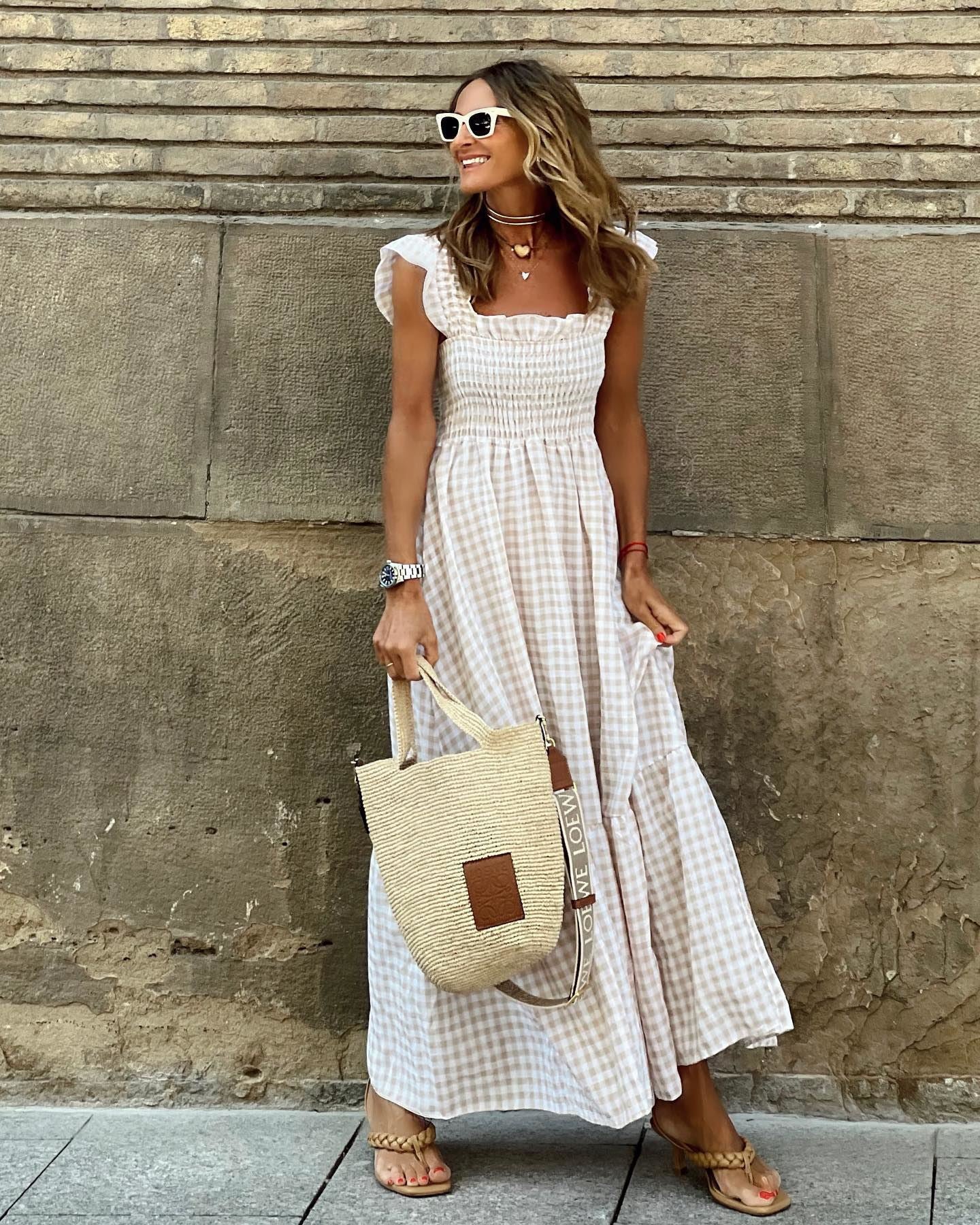 Summer Plaid Print Pleated Ruffle Dress INS Fashion Sleeveless A-line Swing Beach Dress Women's Garments Apparel / Clothing