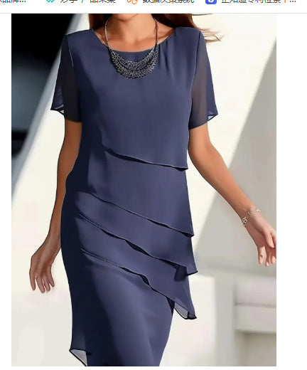Women's Dress Chiffon Patchwork Round Neck Short Sleeve Women's Garments Apparel / Clothing