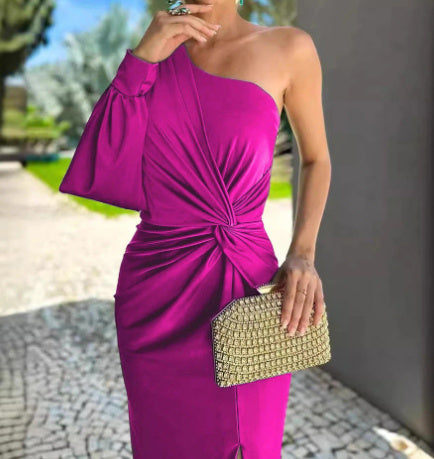 Women's Diagonal Shoulder Knot Split Solid Color Slim Fit Dress Women's Garments Apparel / Clothing