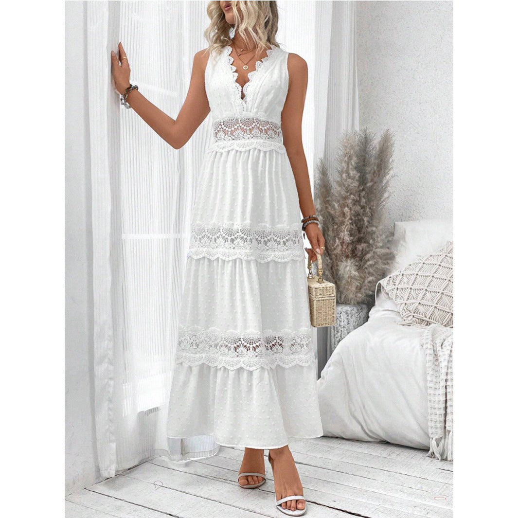 Women's Lace Stitching V-neck Sleeveless Dress Women's Garments Apparel / Clothing