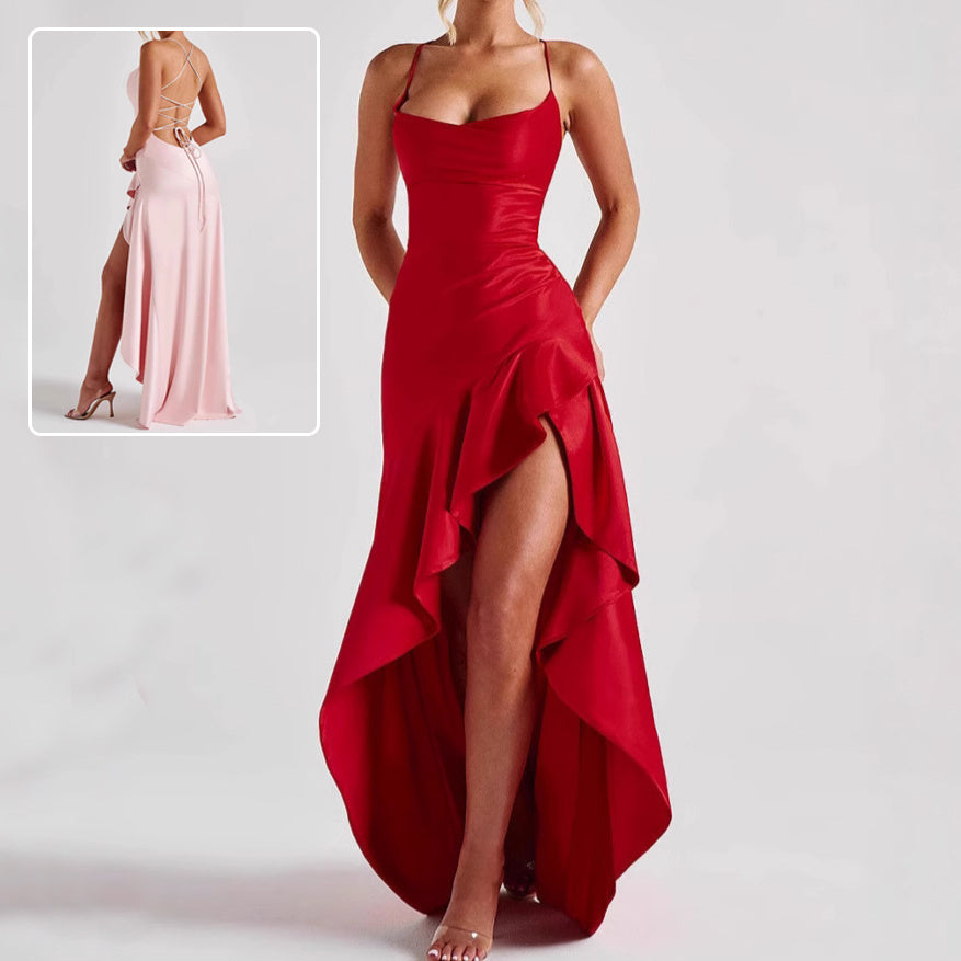 Women's Backless Ruffles Irregular Dress Summer Fashion Evening Party Club Split Suspender Maxi Dresses Clothing Women's Garments Apparel / Clothing