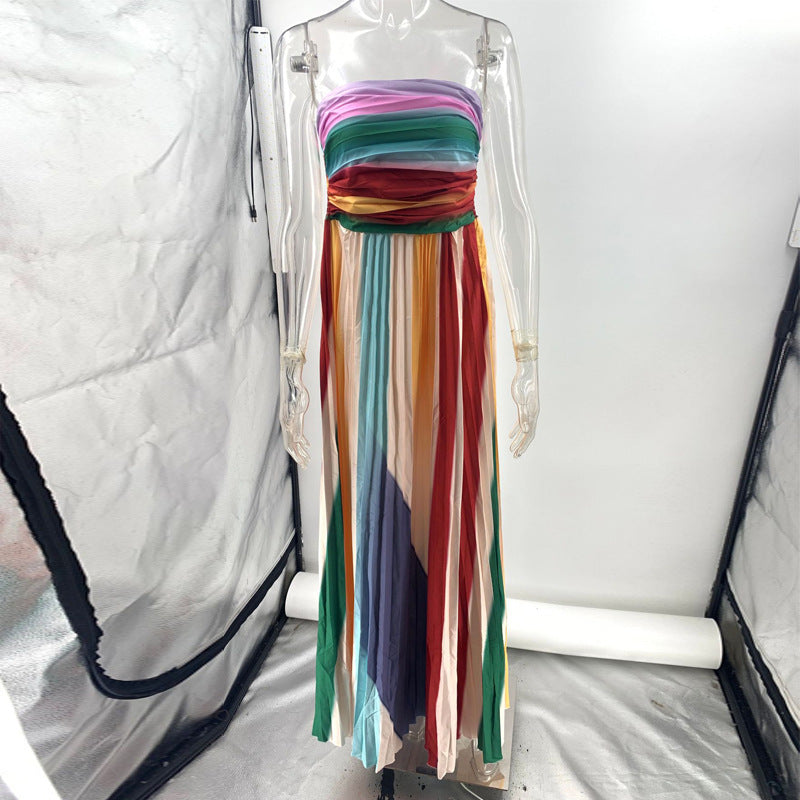 Women's Sexy Tube Top Backless Printed Color Swing Maxi Dress Women's Garments Apparel / Clothing