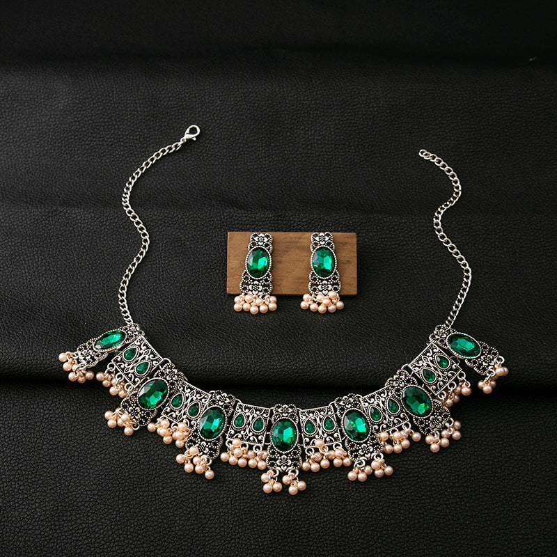 Vintage Emerald Earrings Ethnic Style Square Tassel Bead Pendant Jewelry Suit Jewelry/Accessories