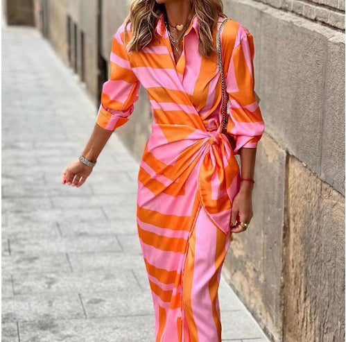 Fashion Printed Shirt Dress With Belt Slim Fit Three-quarter Sleeve Lapel Dress For Women's Garments Apparel / Clothing