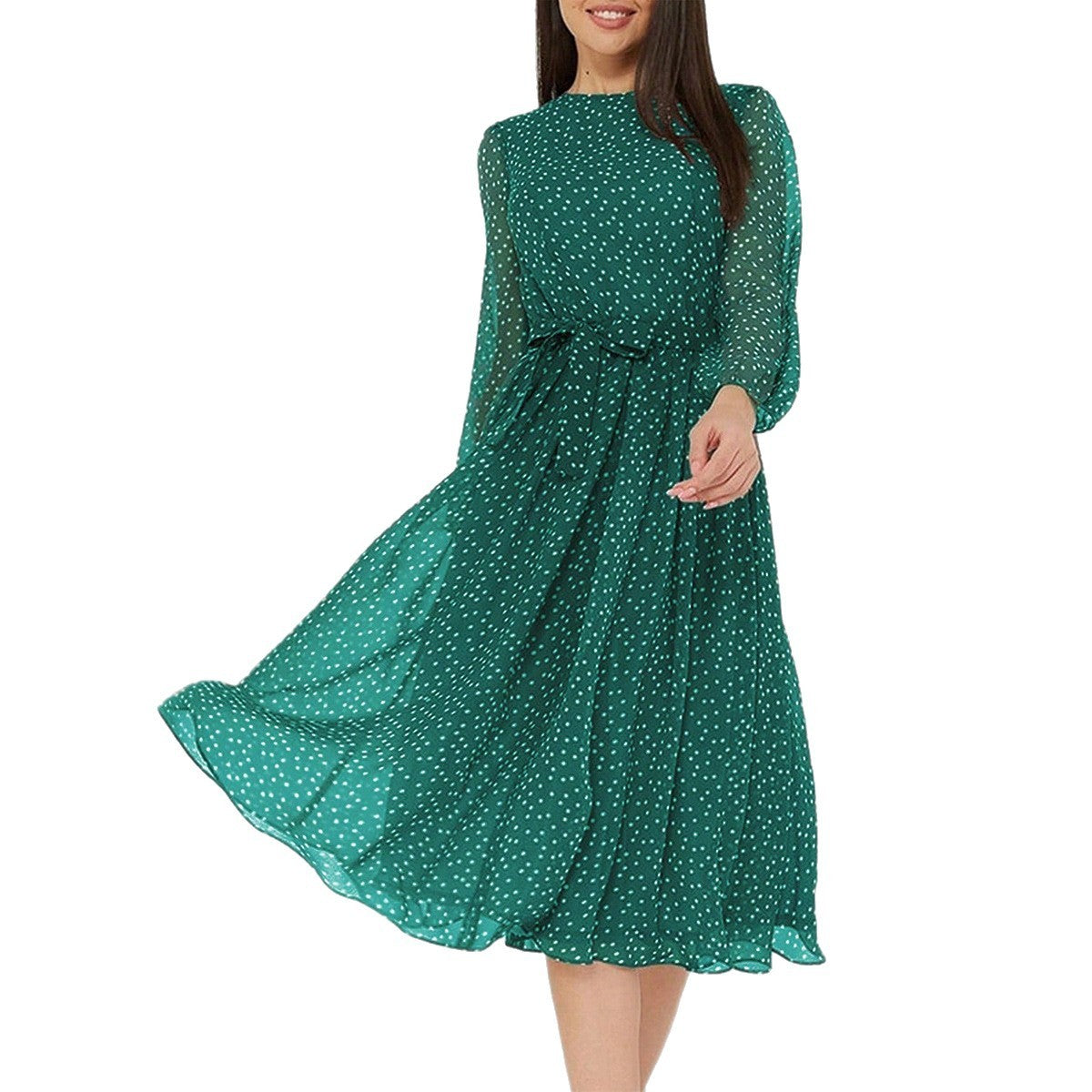 European And American Leisure Vacation Style Polka Dot Long Sleeve Maxi Dress Women's Garments Apparel / Clothing