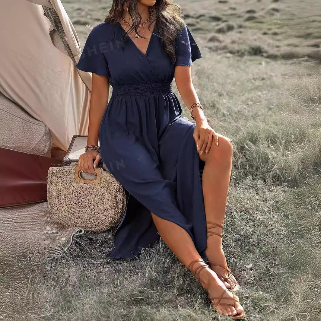 Solid Color And V-neck Bell Sleeve Elastic And Waisted Slimming Slit Long Dress Women's Garments Apparel / Clothing