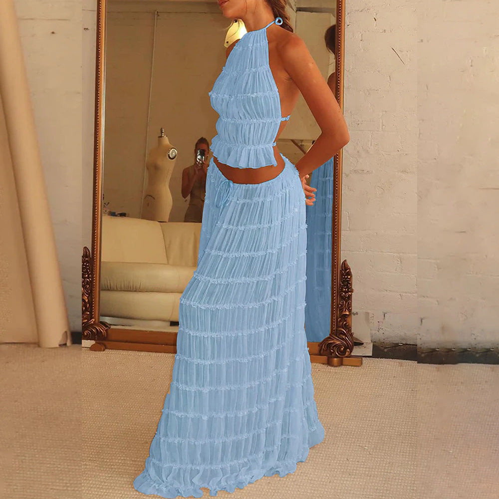 2pcs Women's Dress Suit Sexy Sleeveless Backless Cropped Halter Top And Pleated Long Skirt Beach Women's Garments Apparel / Clothing