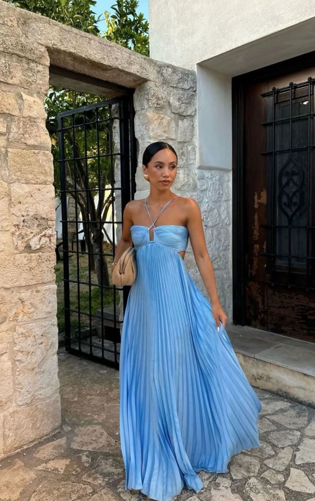 Ins Pleated Sleeveless Sling Dress Hollow High Waist Halter Robe Dresses For Evening Party Club Women's Garments Apparel / Clothing