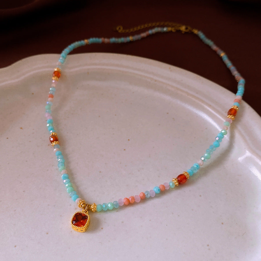 Colorful Stone Stringed Pearls Pendant Necklace All-match Necklace Clavicle Chain Jewelry & Accessories