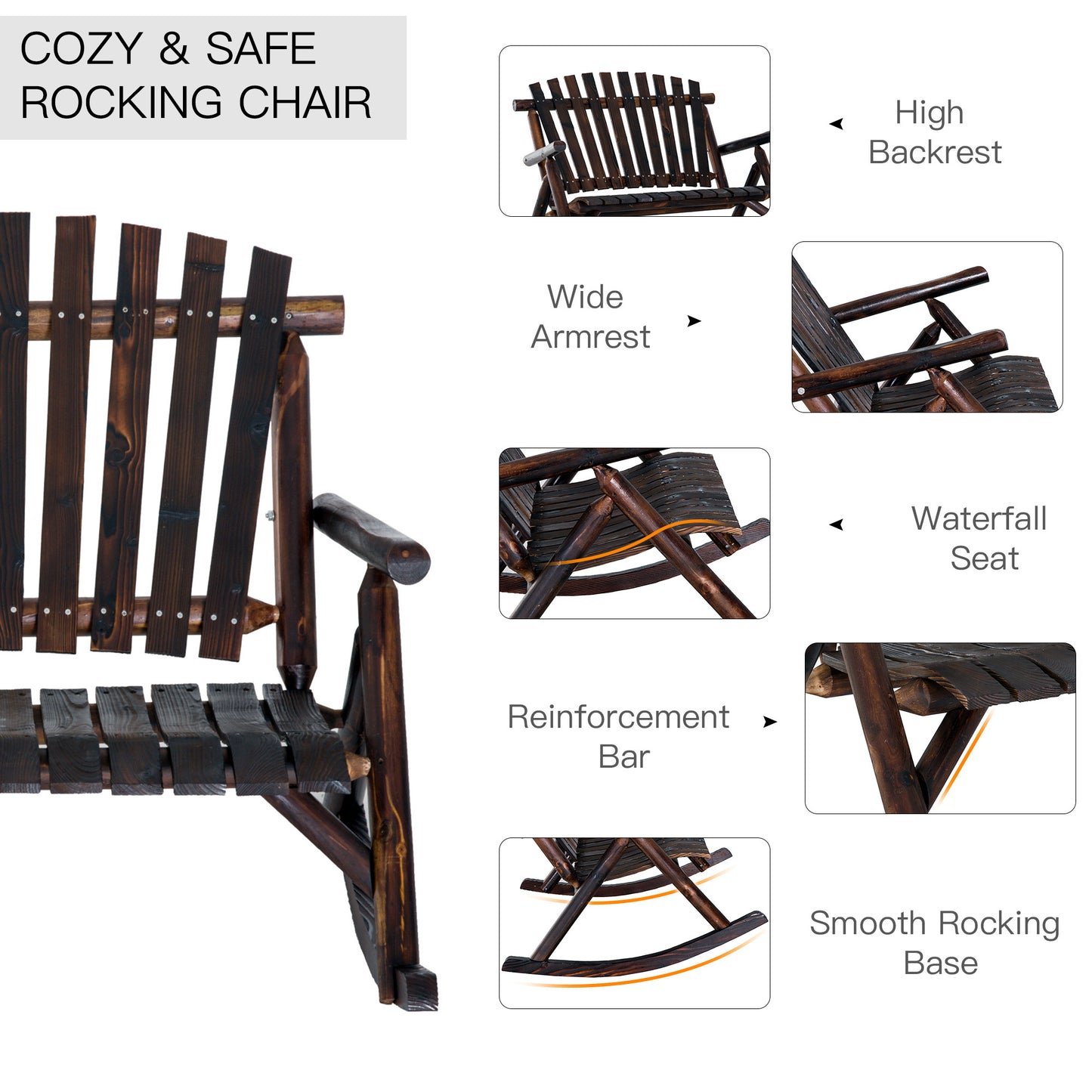 Classic Wooden High-Back Rocker, Carbonized For Garden Serenity & Relaxation, Durable Outdoor Garden Patio Furniture