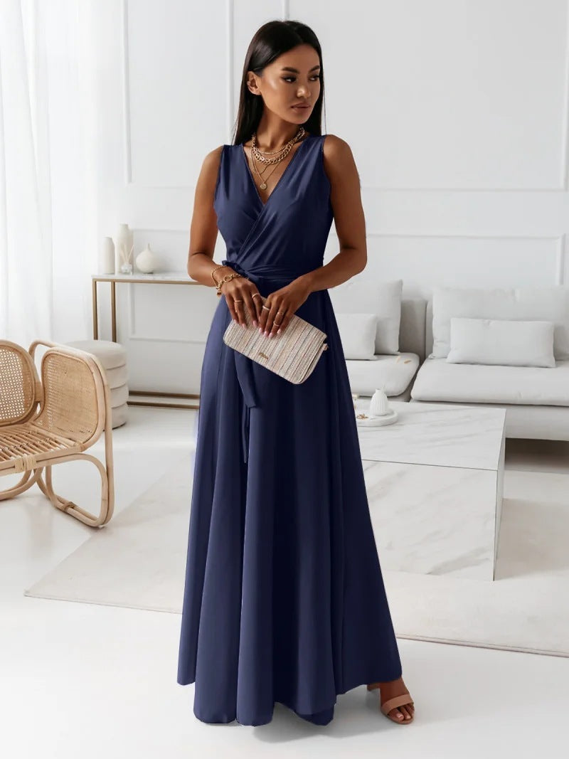 V-neck Sleeveless Dress With Belt Summer Fashion Party Club Evening Maxi Dresses For Women's Garments Apparel / Clothing
