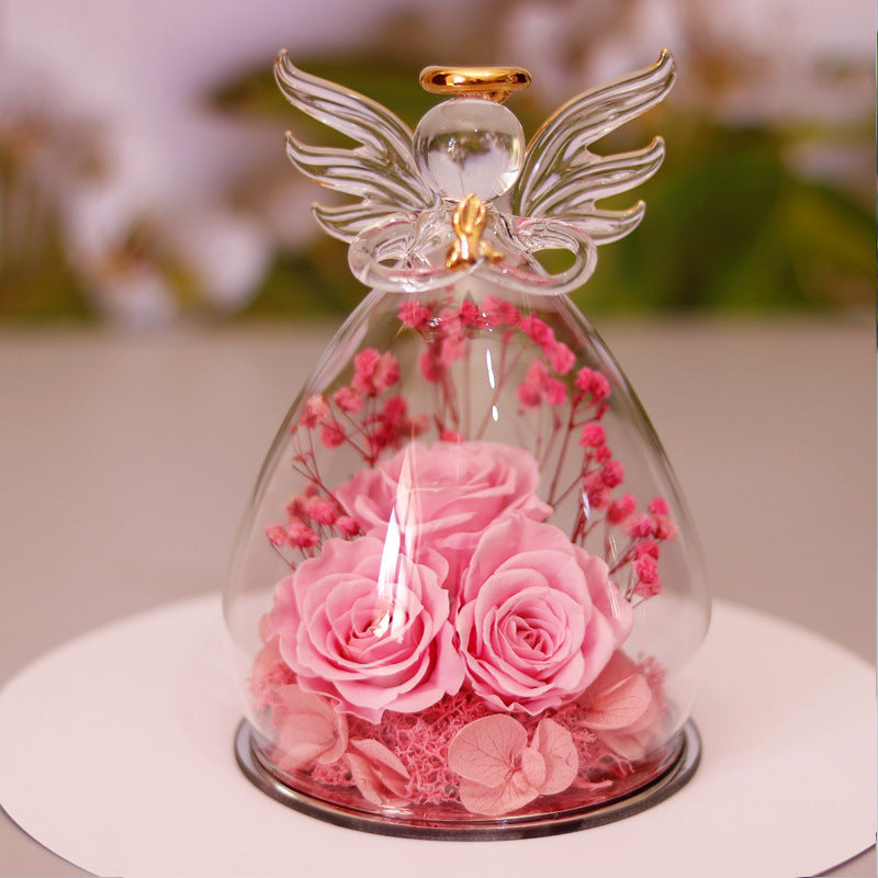 Eternal Flower Gift Box with Angel Glass Cover – Dried Rose Gift Box for Christmas, New Year, Valentine's Day, Home Decor & More