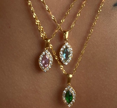 Olive Shaped Horse Eye Zircon Full Drill Titanium Steel Necklace Jewelry/Accessories
